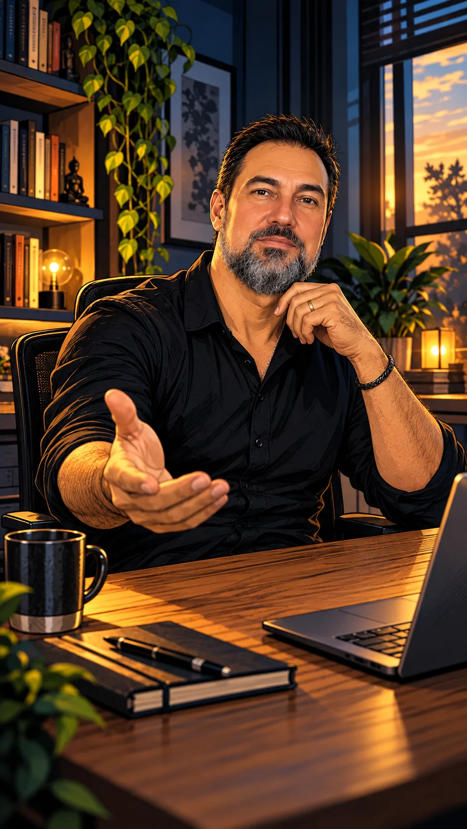 Kleber Proença, sentado à mesa do escritório ao entardecer, com a mão estendida em gesto de convite