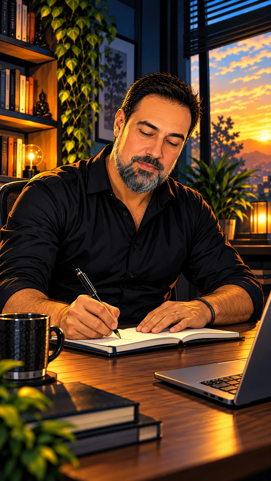 Kleber Proença escrevendo num caderno, à mesa do escritório