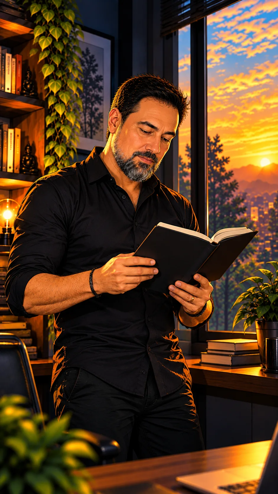 Kleber Proença em pé, lendo um caderno junto à janela ao entardecer